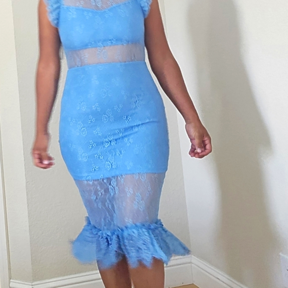 NWT Endless Rose Sheer Lace Ruffle Midi Dress – Size S – Stunning Ocean Blue!